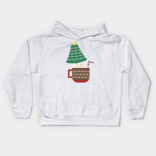 Decorated Christmas tree in a large Red Green mug with hot cocoa, whipped cream, marshmallow and striped candy cane Kids Hoodie